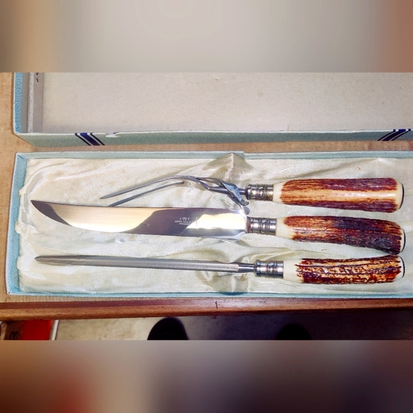 Antique 1938 Stag Horn 3-Piece Carving Set by Alfred Fields & Co Progress - Picture 9 of 11